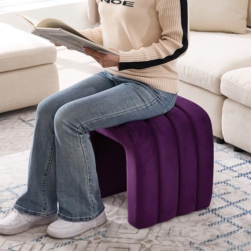 ONEVOG Velvet Pouf Ottomans, Small Ottoman Foot Rest for Couch, 18 Inch Cute Vanity Chairs for Makeup, Living Room Decorative, Sturdy Frame, Upholstered Modern Footrest for Bedroom, Dorm, Purple, 2Pcs