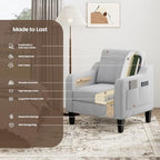 Upholstered Accent Chair with Foldable Side Table for Living Room | 2 Side Pockets, Modern Linen Armchair Wooden Fabric Chairs for Living Room, Comfy Reading for Bedroom/Office