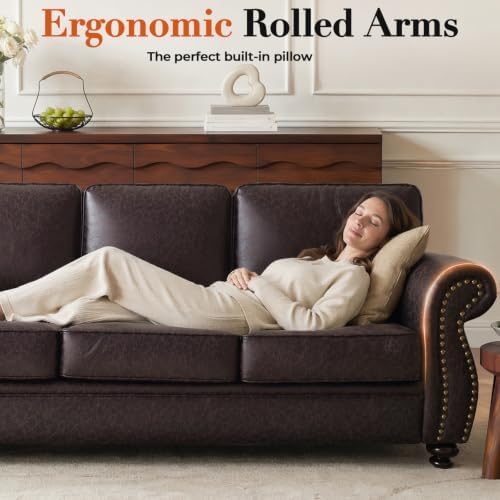 Couchus 88" W Living Room Furniture Sets, 3-Seater&Loveseat, Brown | Faux Leather Fabric Sofa and Couch Sets, Mid-Century Sofa Set with Nailhead Trim