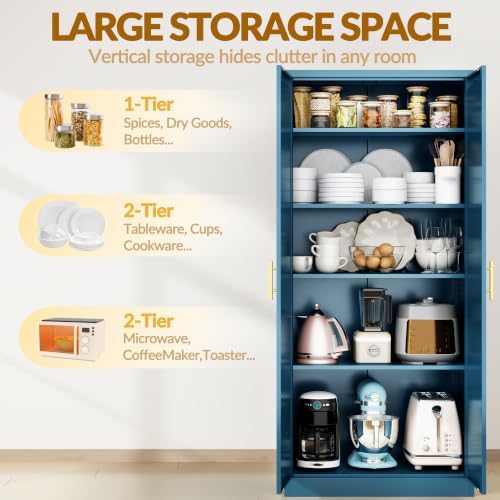 BESFUR 71" Tall Metal Storage Cabinet with 2 Doors and 4 Adjustable Shelves, Heavy Duty Kitchen Pantry Cabinet for Home Office, Kitchen, Garage and Dining Room, Blue,71”H x 27.5”W x 13.8”D