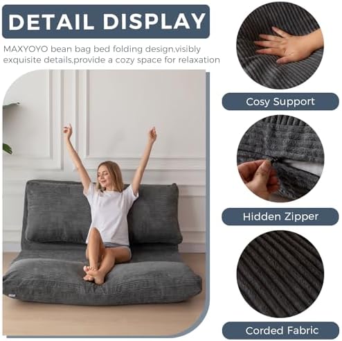 MAXYOYO Folding Sofa Bed, Extra Thick and Long Floor Sofa Convertible Chair with Washable Cover, Floor Couch Lounge Bean Bag Bed for Living Room, Dark Grey, 54x91 Inch | Extra Thick with Washable Cover, Chaise Lounge, Bean Bag Couch Bed for Bedroom