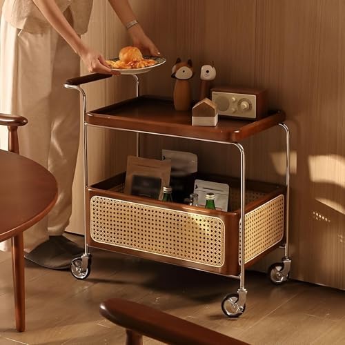 Brown Wood Rolling Side Table - 2-Tier Multi-Functional Utility Cart with Rattan Basket & Handle for Living Room, Bedroom, Home Organization, Modern Decor
