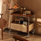 Brown Wood Rolling Side Table - 2-Tier Multi-Functional Utility Cart with Rattan Basket & Handle for Living Room, Bedroom, Home Organization, Modern Decor