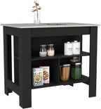 Kitchen Island Dozza with Three Shelves Black and Ibiza Marble Finish | Three storage shelves with varying dimensions for organized kitchen storage