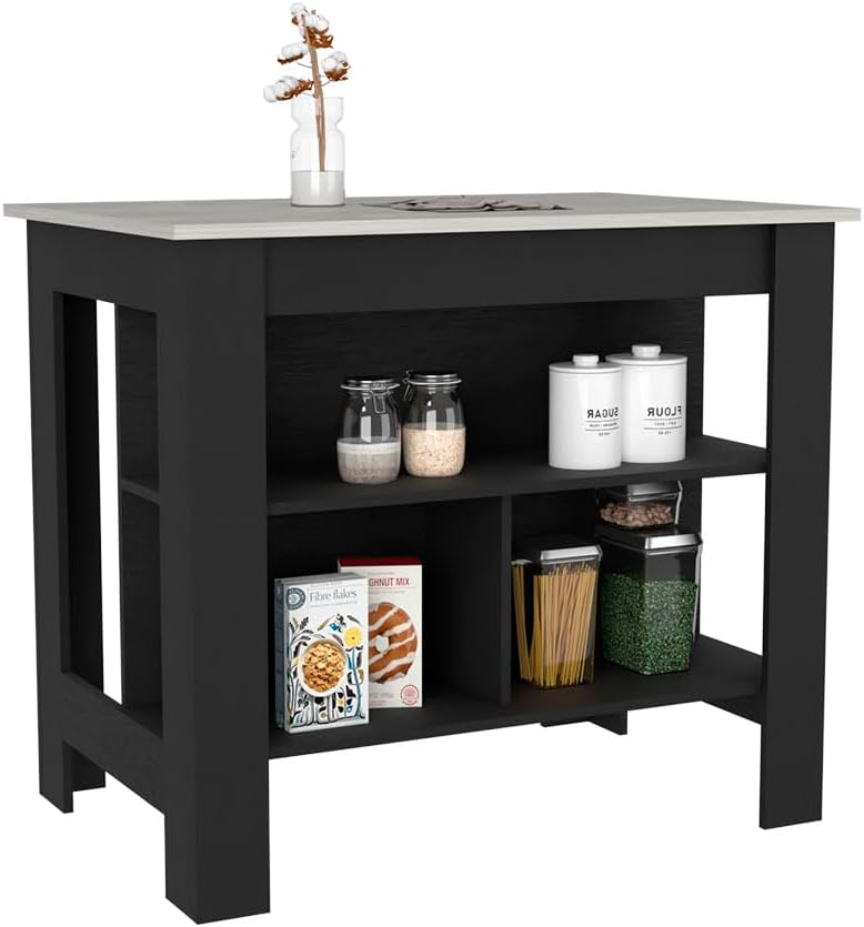 Kitchen Island Dozza with Three Shelves Black and Ibiza Marble Finish | Three storage shelves with varying dimensions for organized kitchen storage