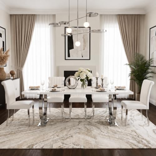 Asday White Leather Dining Chairs Set of 4, White and Silver Dining Room Chairs with Mirrored Chrome Stainless Steel Legs and Rolled Back Design