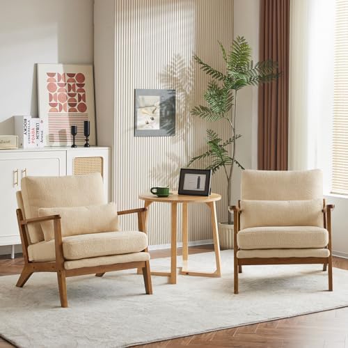 Karl home Mid-Century Lounge Accent Chair, Khaki | Wide Curved Armrest, Teddy Fleece, Lumbar Pillow Included, Solid Wood Frame, For Living Room, Bedroom, Balcony, Apartment