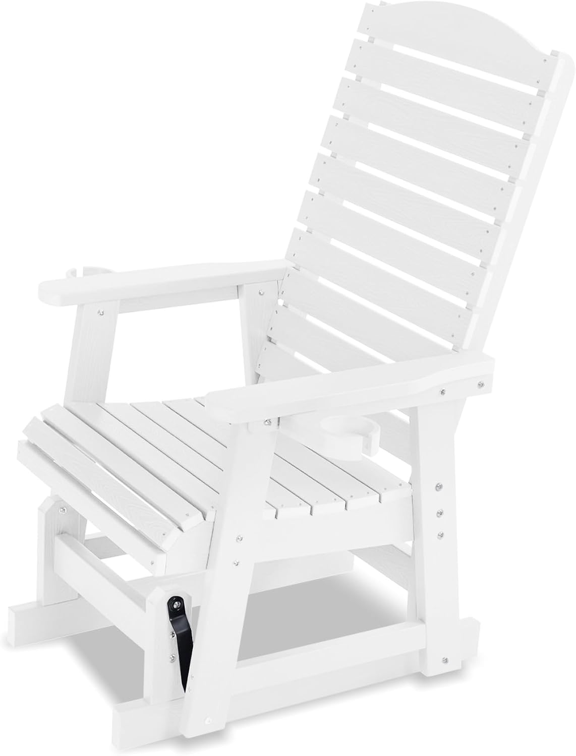 Poly Lumber Patio Glider with Cup Holders, High Backrest and Deep Contoured Seat, HIPS Material, All-Weather Resistant, Heavy Duty 700 Pounds (White, 1-Seat)