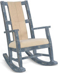 Pemberly Row Mahogany Rocking Chair with Cushion Seat and Back, Ocean Blue Finish, 41"H x 26"W x 22.5"D, Sturdy Wood Construction, Studded Accents, Smooth Rocking Motion for Living Room or Lodge Use