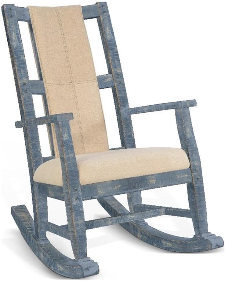 Pemberly Row Mahogany Rocking Chair with Cushion Seat and Back, Ocean Blue Finish, 41"H x 26"W x 22.5"D, Sturdy Wood Construction, Studded Accents, Smooth Rocking Motion for Living Room or Lodge Use