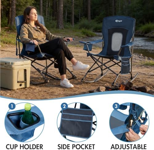 Portal Folding Outdoor Rocking Camping Chair, 350LBS Portable Rocker | 10s Fold, Compact Carry Bag, 24" Padded Back, Cup Holder, Side Pocket, 600D Polyester