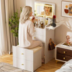 COMHOMA Makeup Vanity Desk with Mirror and Lights, Small 3 in 1 Vanity Table with Visible Glass Top, Flip Top & 3 Drawers, Compact Dressing with Storage Stool for Room or Office