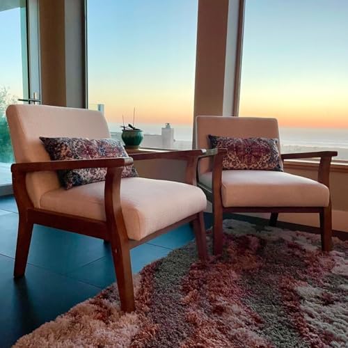 BESTANO Mid Century Modern Accent Chair Set of 2, Linen Upholstered Living Room Accent Armchair with Wood Frame, Farmhouse Chair for Living Room Bedroom, Ivory