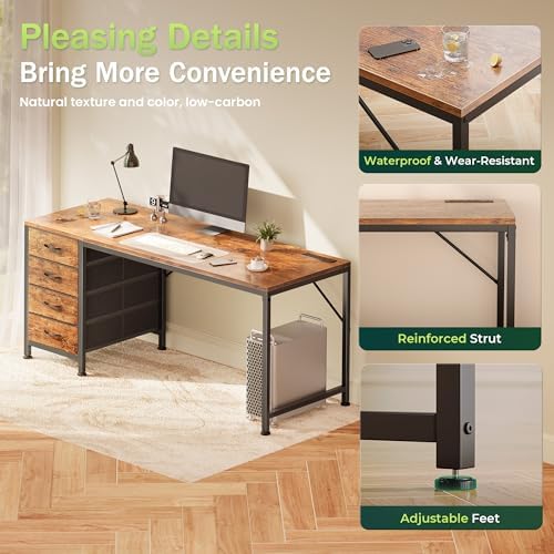 PRAISUN 55.1 Inch Computer Office Desk with Power Outelts and USB-C Port, Reversible Gaming Desk with 4 Fabric Drawers, Work Study Desk Work from Home, Rustic Brown