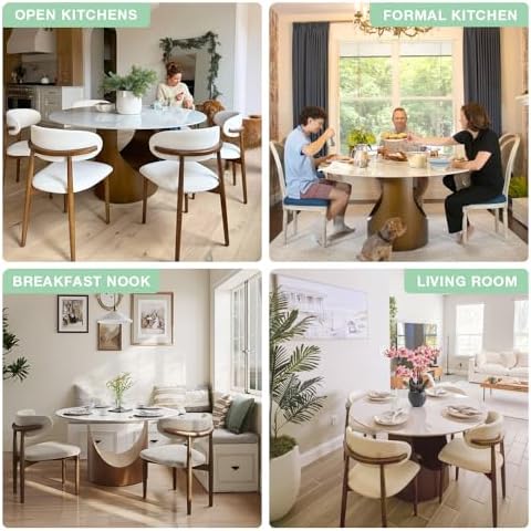 POVISON Round Dining Table Set, 47" Sintered Stone Dining Table with 4 Dining Chairs Set, Glossy White Sintered Stone Tabletop with Bronze Carbon Steel Pedestal