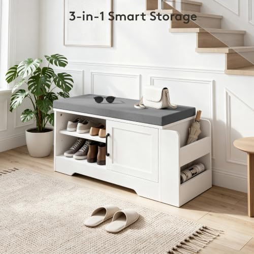Farmhouse Shoe Storage Bench with 3-in-1 Entryway Storage & Padded Seat | 27.8" Wide Entryway Bench with Adjustable Shelves, Shoe Organizer & Side Storage Rack for Living Room, Bedroom, White