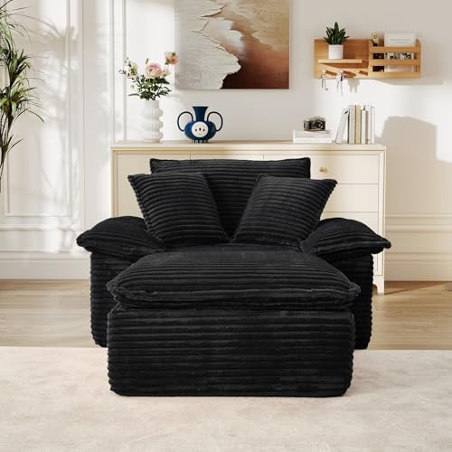Oversized Chaise Lounge Chair Indoor with Ottoman, Upholstered Corduroy Modern Sofa Chair, Deep Seat Comfy Reading Armchair, Sleeper Sectional Couch for Living Room/Bedroom(47.6"W, Black)