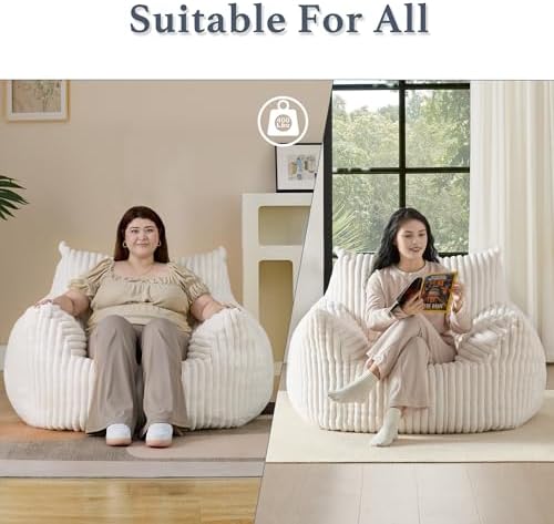 Giant Plush Bean Bag Chair for Adults with Armrests - Oversized Comfy Beige Beanbag Lounge Lazy Floor Sofa Accent Chair for Living Room, Bedroom & Dorm, Cozy Fluffy Single Cloud Mini Couch