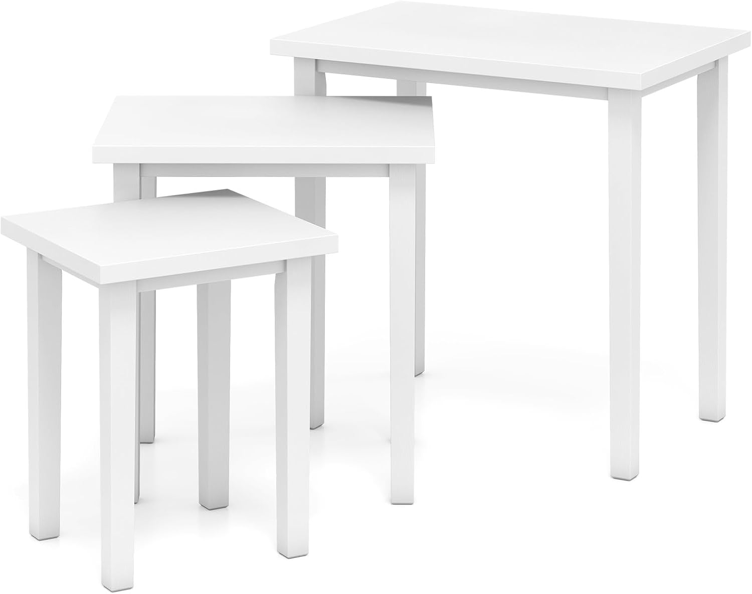 Giantex Nesting Tables Set of 3, Farmhouse Stacking Side Table with Rubber Legs, Wooden Rectangle Accent End Table, Nesting Coffee Tables for Living Room Bedroom (White)