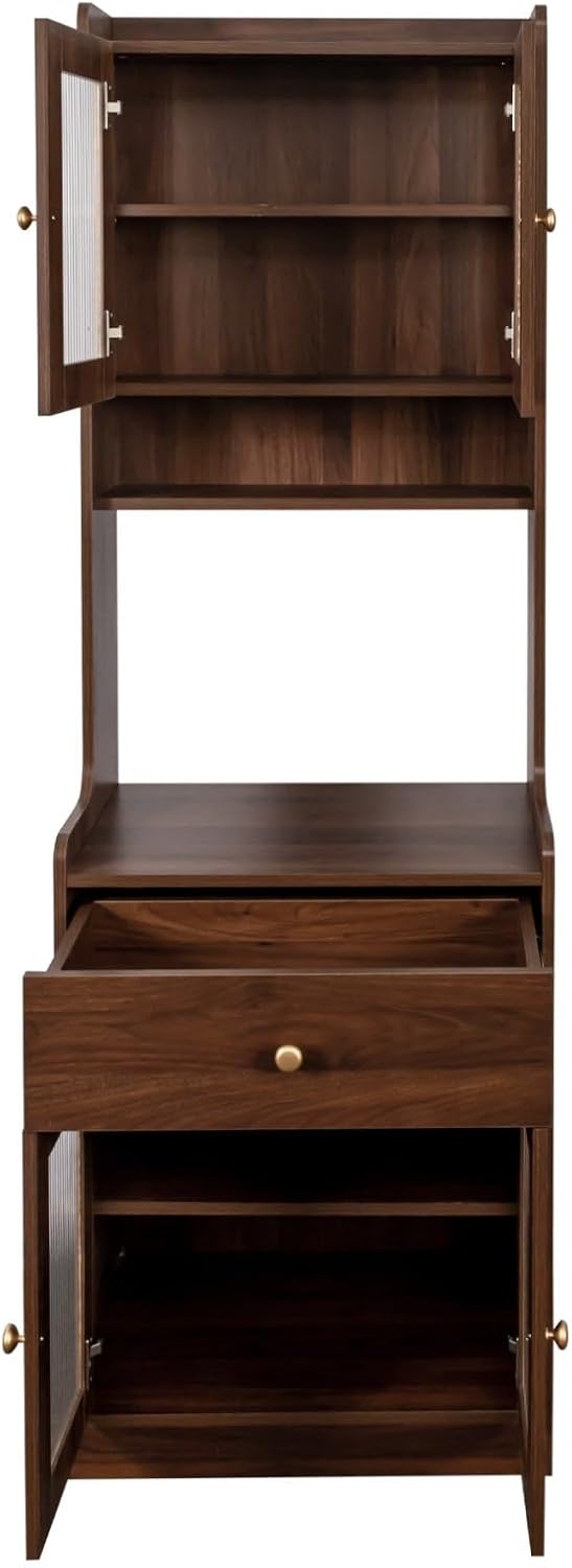KEIKI 70.87" Tall Kitchen Pantry Storage Cabinet with Countertop, Glass Doors, Drawers, Microwave Stand and Shelves, Freestanding Wood Hutch Food Pantries Buffet Cupboard for Coffee Bar, Dining Room