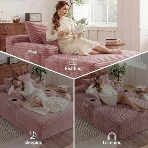 65" Oversized Chaise Lounge Chair Indoor, Chaise Lounge Chair with Cup Holders Side Pockets 3 Pillows, Cloud Corduroy Chaise Sofa Bed Sleeper Couches for Living Room No Assembly Require,Pink