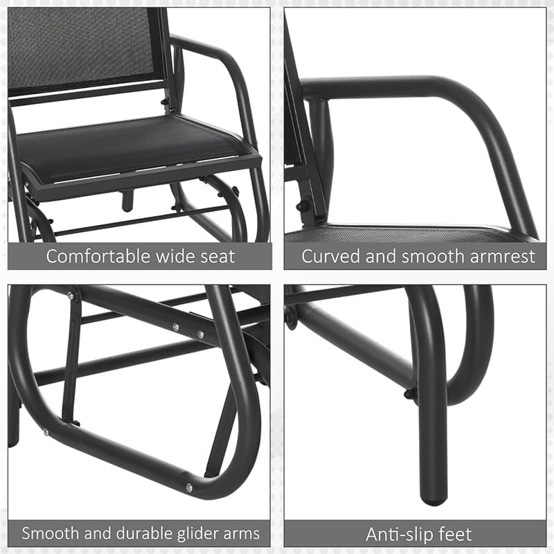 Outsunny Porch Glider Set of 2 Steel Frame Black | Swing Glider Chair, Breathable Mesh Fabric, Curved Armrests, for Garden, Poolside, Backyard, Balcony