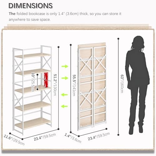 4NM 5 Tiers No Assembly Book Shelves, 51.2" H Folding Bookshelf Bookcase Open Industrial Foldable Shelves for Bedroom, Living Room, Home Office - Natural White