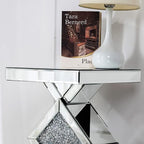 SHYFOY Glass End Tables Living Room, Glam Square Mirrored Side Table with Crushed Fax Diamond Inlay, HD Mirror Pedestal Stand, 24in Height Silver Small Accent Table for Living Room, Fully Assembled