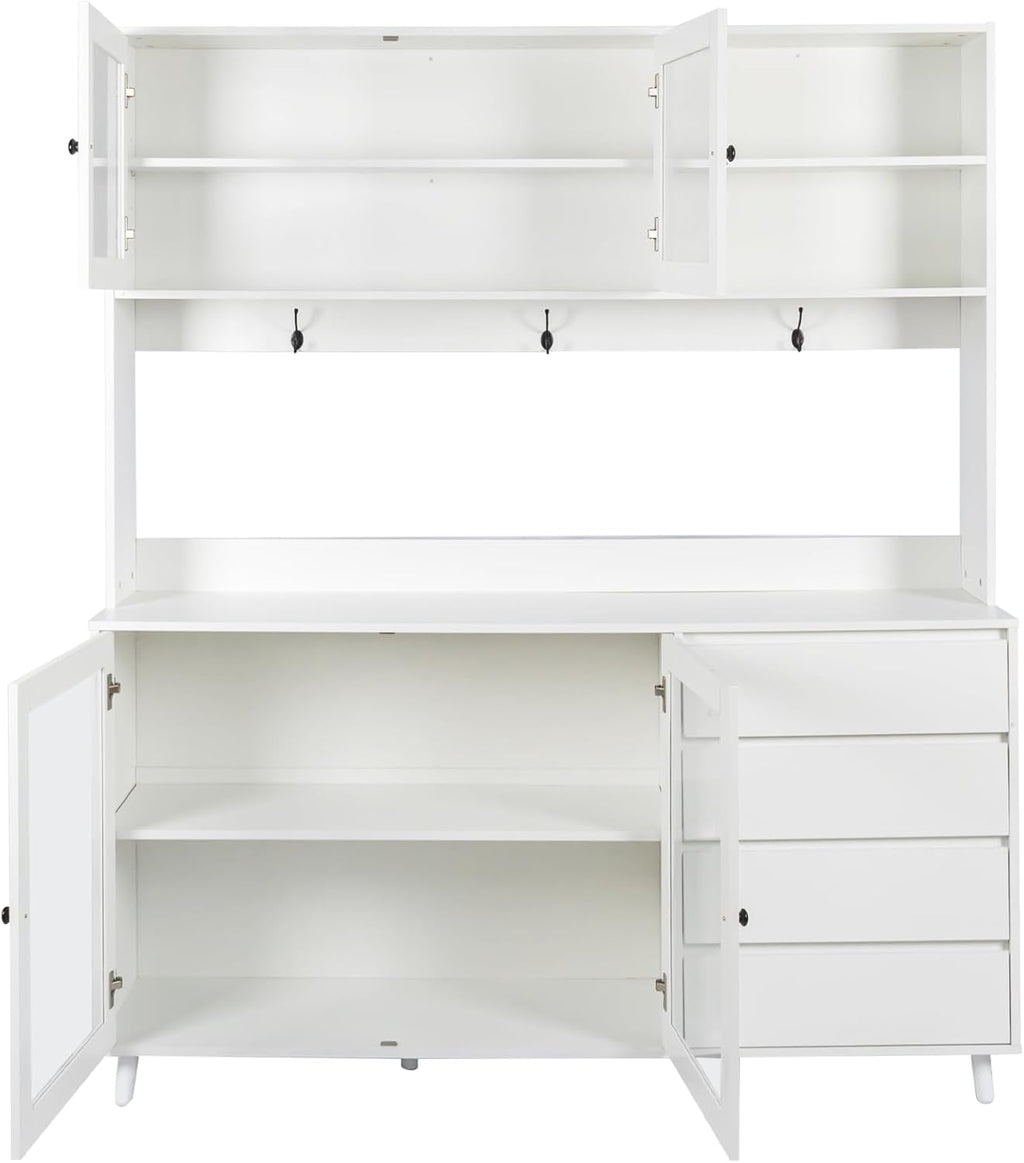 63'' Farmhouse Kitchen Pantry Cabinet, Tall Kitchen Storage Cabinet Home Storage with Microwave Stand, Freestanding Kitchen Hutch Cabinet with Storage 4 Doors, 4 Drawers - muebles para cocina (White)