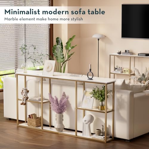 WOHOMO 63 in Entryway Table Modern Sofa Table with Shelves White Gold | 12 Inch Narrow Console Table for Living Room, 63" Hallway Table for Corridor, with 3-Tier Storage