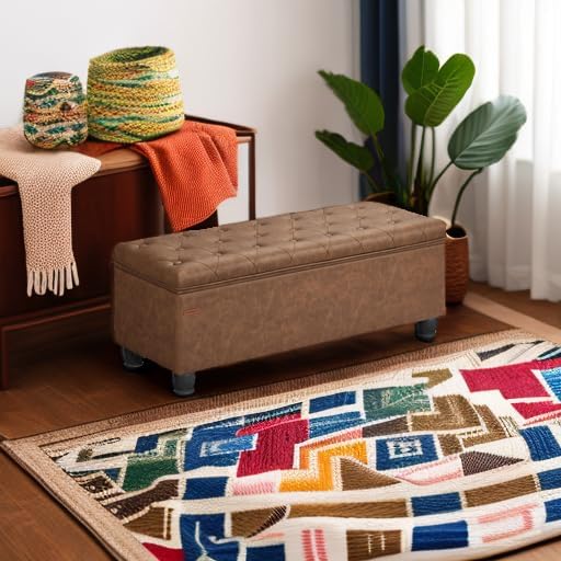 SONGMICS Storage Ottoman, 46.5 Inches Long Bed End Stool, Solid Wood Legs | Buttons Decoration, Non-Slip Foot Pads, 330.7 lb Load Capacity, Coffee Brown, MACEO Collection ULOM071K01
