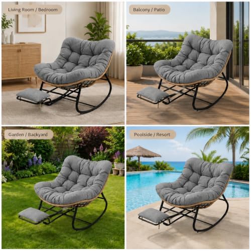 Oversized Rocking Chair with Zero-Gravity Foot Rest & Ottoman, Comfy Lounge Chair for Patio, Porch, Balcony, Indoor Reading Nook, Big Cozy Chaise Chair for Outdoor & Home Use, Grey