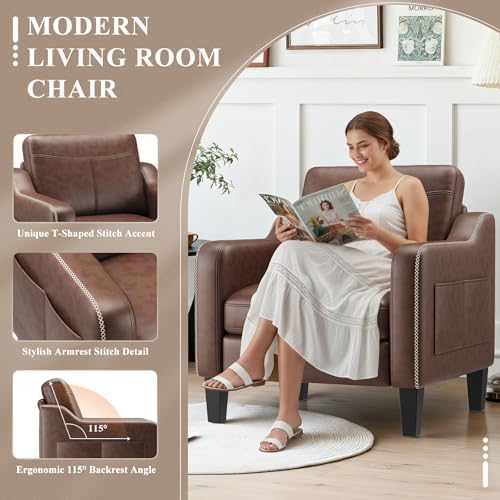 MALOL PU Leather Accent Chair Set of 2, Mid-Century Modern Living Room Armchair Sofa with Removable Cushions & Stitched Armrest Design, Bedroom Chair with Plastic Legs, Chocolate Brown