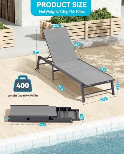 Chaise Lounge Outdoor, Aluminum Outdoor Chaise Lounge Set of 2 Assemble-Free, Patio Lounger Poolside Lay Flat Sunbathing Adjustable Backrest Pool Lounge Chair