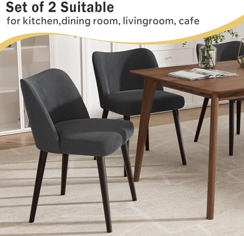 Modern Fabric Upholstered Dining Chairs Mid Century Farmhouse Dinner Chair with Padded Seat and Wood Legs Kitchen Side Chair for Dining Room Restaurant Cafe Darkgrey Set of 2