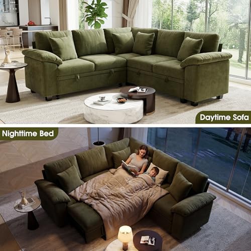 Sectional Sleeper Sofa with Pull Out Bed, 86" L Shaped 5 Seat Couch with 151L Storage, Convertible Cloud Couch Bed, Modular Sectional Couches for Living Room, Apartment (Green)