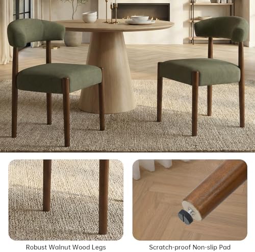 VKNOW Wooden Dining Chairs Set of 6 with Walnut Wood Legs and Curved Back | Mid Century Modern Upholstered Dining Room Chairs with Faux Mohair Fabric, Kitchen Chairs for Farmhouse, Dining Room, Green