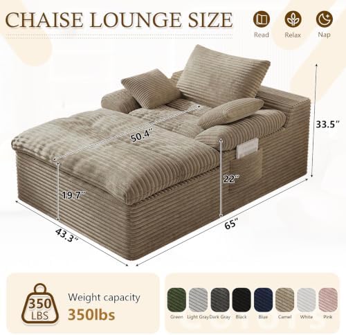 65" Oversized Chaise Lounge Chair Indoor, Chaise Lounge Chair Double Layer Side Pockets 3 Pillows, Cloud Corduroy Chaise Sofa Bed Sleeper Couches for Living Room No Assembly Require,Camel
