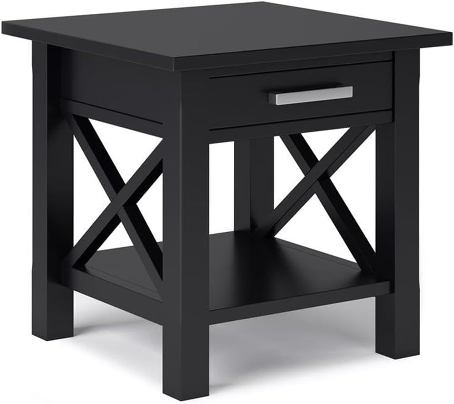 Pemberly Row Solid Wood End Table with Storage, Black Finish, 20.5" W x 20.5" D x 20" H, One Drawer and Shelf, Square Contemporary Design, Living Room or Bedroom Side Table