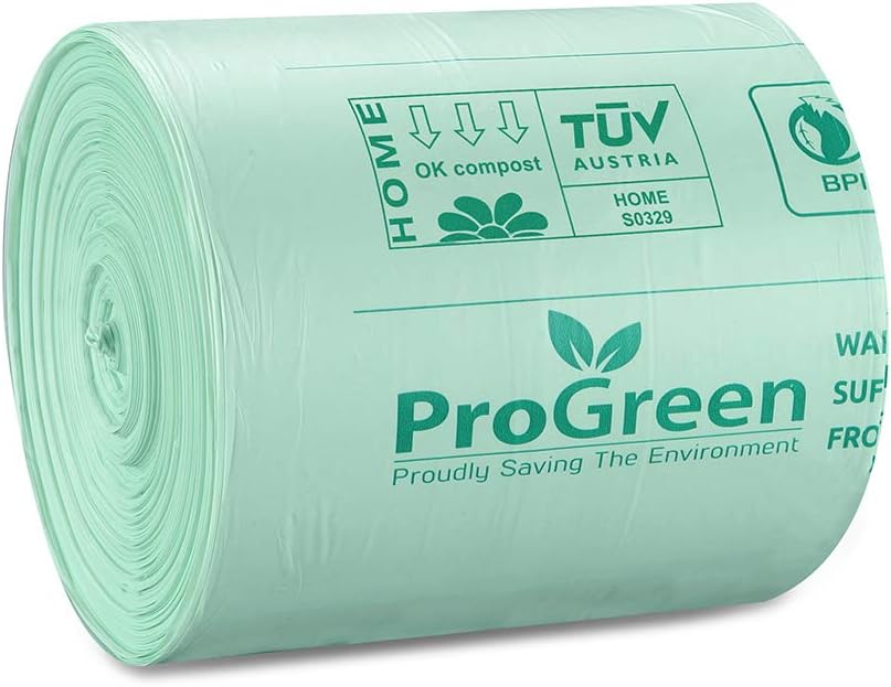 ProGreen Compostable Trash Bags, Extra Thick, Compost Kitchen Bin Bags, Food Scraps Yard Waste Bags, ASTM D6400 BPI and TÜV AUSTRIA Certified (6 Gallon, Pack of 100)