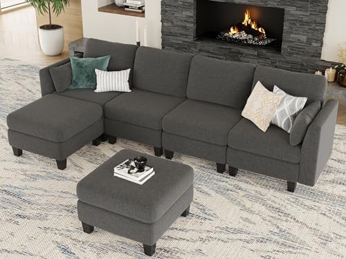 Modular Sectional Sofa 6 Seaters Modular Sleeper Sofa Couch | Comfy Sectionals Couches Bed, Convertible Sofas with Ottomans, Sectional Couches for Living Room, Dark Gray