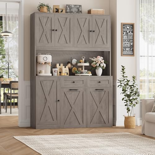 HOSTACK 71" Kitchen Pantry with 12.5 Gallon Double Trash Can Cabinet, Grey | Farmhouse Garbage Can Cabinet with Pull Out Trash Can Storage, 47"W Kitchen Hutch with Hidden Garbage Storage for Dining Room