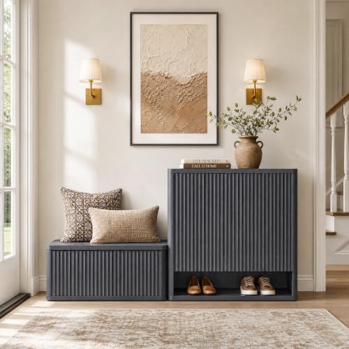 SICOTAS Storage Bench 80.4" Wide Shoe Bench with Lift Top Large Wooden Storage Chest Trunk Modern Blanket Chest with 4 Safety Hinges & Seating for Bedroom Entryway Living Room Hallway