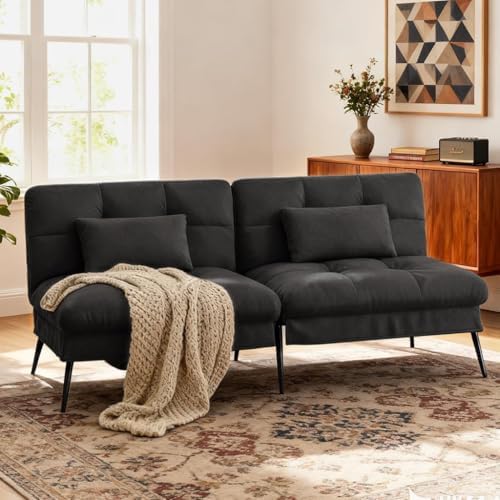 COMHOMA 72″ Convertible Futon Sofa Bed, Adjustable Backrest, Black | Breathable Fabric Futon Couch with Pillows,Multi-angle Ergonomic Reclining,Space-saving Sleeper Sofa for Living Room