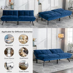 Modern Navy Blue Velvet Convertible Folding Futon Couch Sofa Bed | Adjustable Pillow Top Arm Memory Foam Couch Double Loveseat Sofa for Compact Living Space,Dorm,Game Studio,Apartment,Bedroom