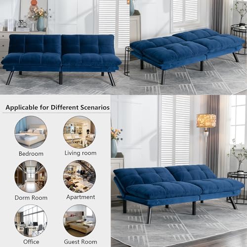 Modern Navy Blue Velvet Convertible Folding Futon Couch Sofa Bed | Adjustable Pillow Top Arm Memory Foam Couch Double Loveseat Sofa for Compact Living Space,Dorm,Game Studio,Apartment,Bedroom