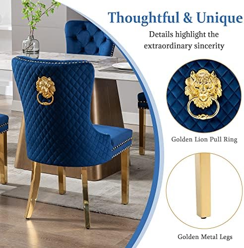 Dining Chairs Set of 6, High-end Back Lion Head Ring with Rhomboid Pattern | Elegant Button Tufting, Add Luxury to Dining Room, Bedroom, or Living Space, Durable Easy-clean Blue Velvet, Gold Legs