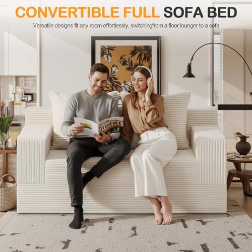 Erament Convertible Sofa Bed, Loveseat Folding Floor Futon Sleeper Sofa Couch Bed Foldable Couch, Corduroy Pull Out Sofa Bed with 2 Pillows for Living Room & Bedroom