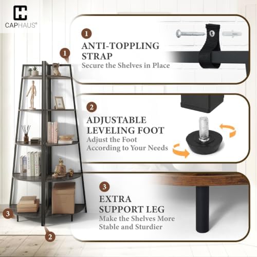 CAPHAUS 4-Tier Corner Shelf Stand, Tall Display Shelves, Ladder Corner Wood Storage Plant Bookshelf with Metal Frame, Versatile Shelving Unit Bookcase for Home Office Space, Dark Grey