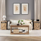 LUXOAK 3 Piece Living Room Table Set with Barn Door, Barnwood | Includes Coffee Table and 2 End Tables, Charging Station &USB Ports, Rustic Farmhouse Style, Living Room Furniture Set